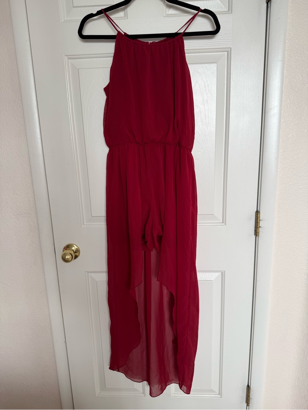 Sweet Storm Wine-Red Chiffon Halter Romper w sheer drape